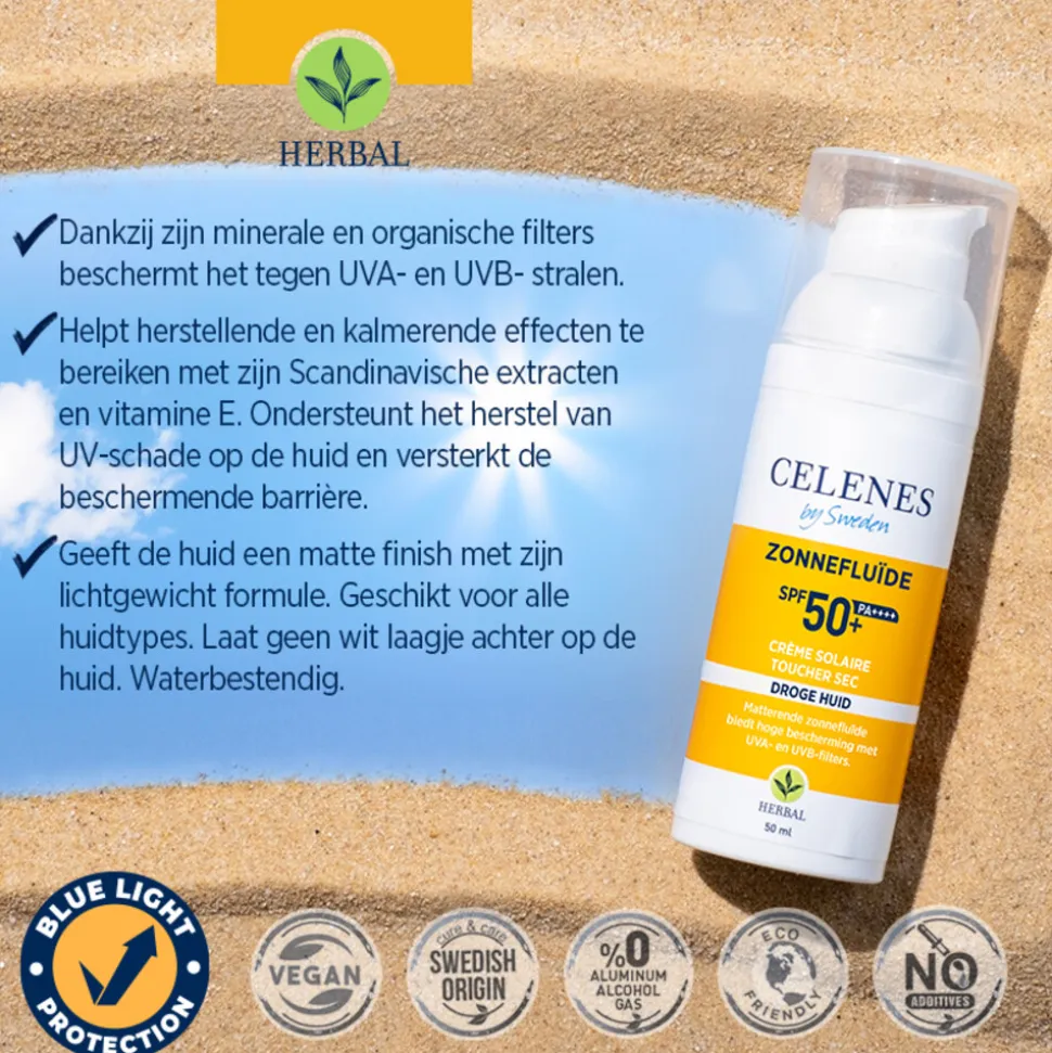 Celenes Herbal Dry Touch Zonnefluïde SPF 50+ Alle Huidtypes 50 ml