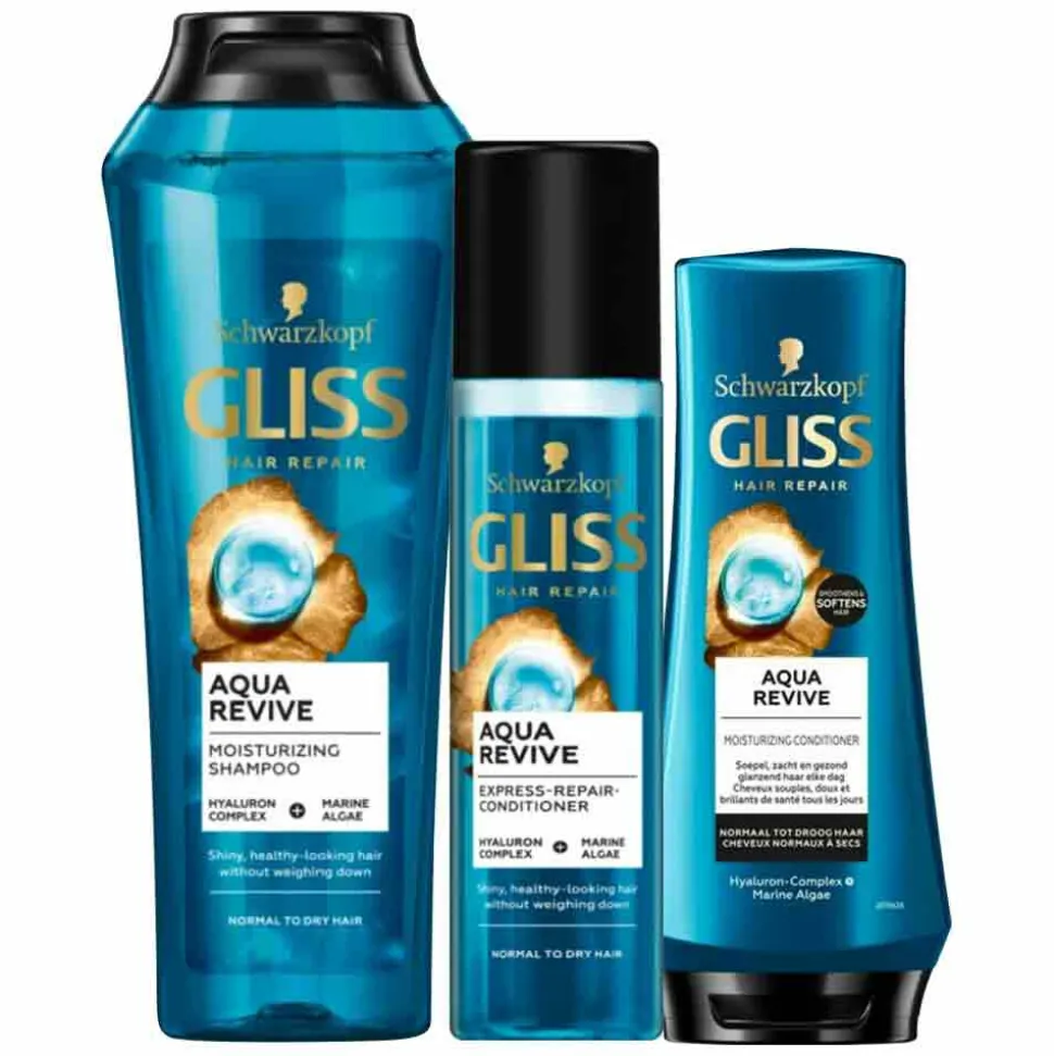 Gliss Aqua Revive - Shampoo, Conditioner & Anti-klit Spray - Pakket