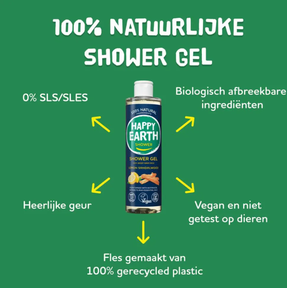 Happy Earth 100% Natuurlijke Douchegel Lemon Sandalwood 300 ml