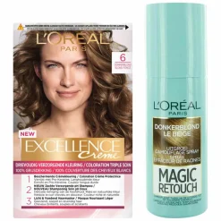 L'Oréal Excellence Creme 6 Donker Blond + Magic Retouch Uitgroeispray Donkerblond 75 ml Pakket