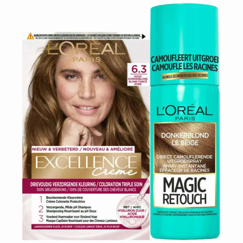 L'Oréal Excellence Creme 6.3 Donker Goudblond + Magic Retouch Uitgroeispray Donkerblond 75 ml Pakket