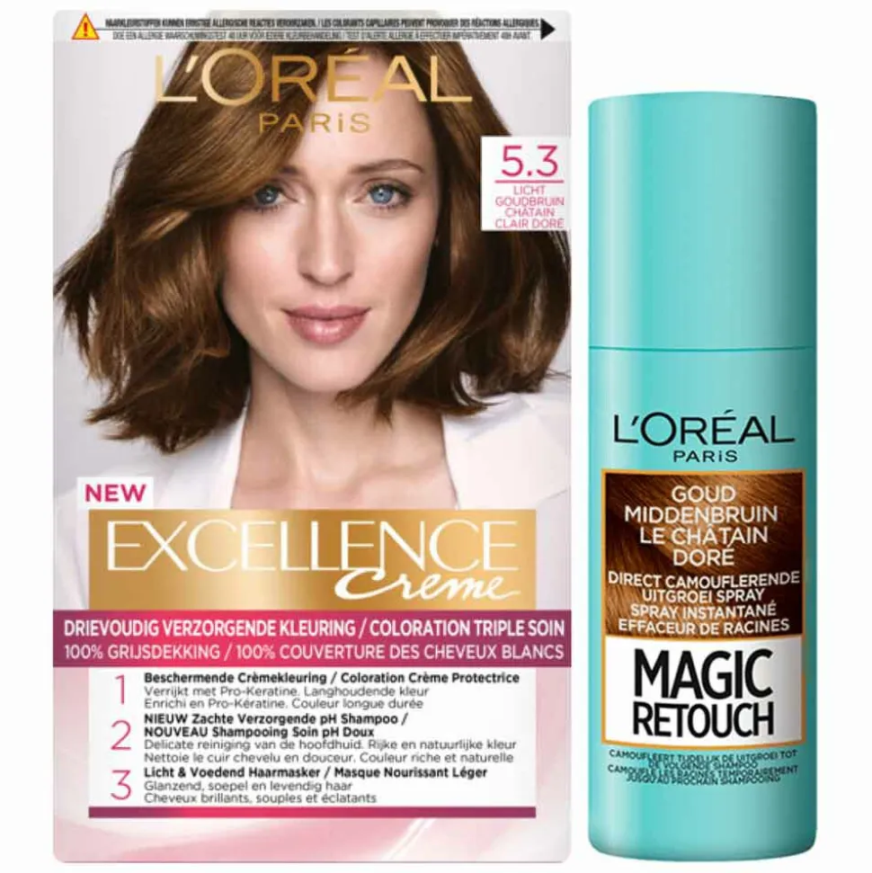 L'Oréal Excellence Creme Haarverf 5.3 Licht Goudbruin + Magic Retouch Uitgroeispray Goud Middenbruin 75 ml Pakket