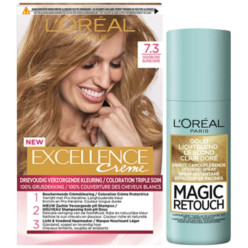 L'Oréal Excellence Creme Haarverf 7.3 Goudblond + Magic Retouch Uitgroeispray Blond 75 ml Pakket