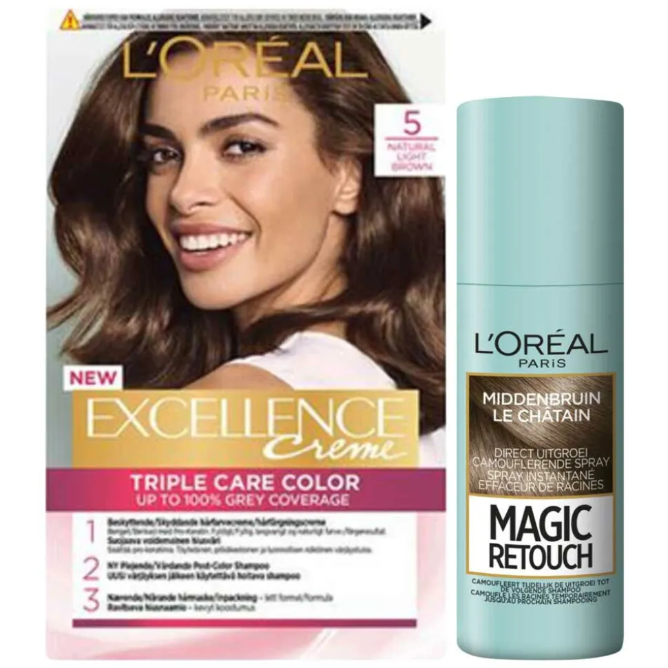 L'Oréal Excellence Creme 5 Lichtbruin + Magic Retouch Uitgroeispray Middenbruin 75 ml Pakket