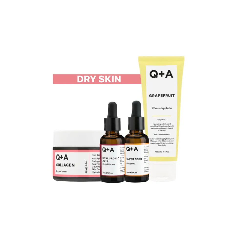 Q+A Dry Skin - Reinigingsbalsem 1x 125 ml & Gezichtsserum 1x 30 ml & Gezichtsolie 1x 30 ml & Dagcrème 1x 50 gr - Pakket