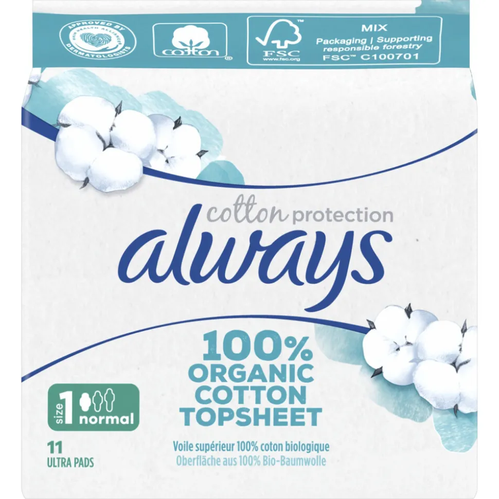 10x Always Maandverband Bio Cotton Protection Ultra Normal met Vleugels 11 stuks