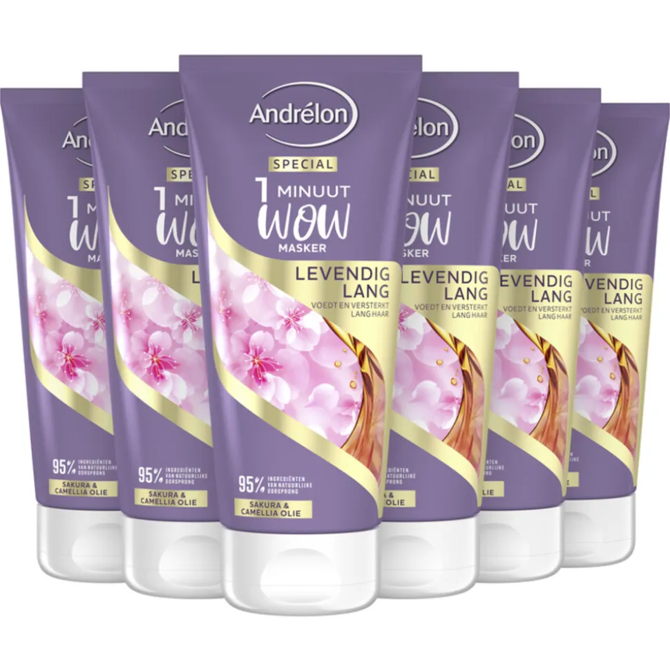 6x Andrélon 1 Minuut Wow Masker Levendig Lang 180 ml