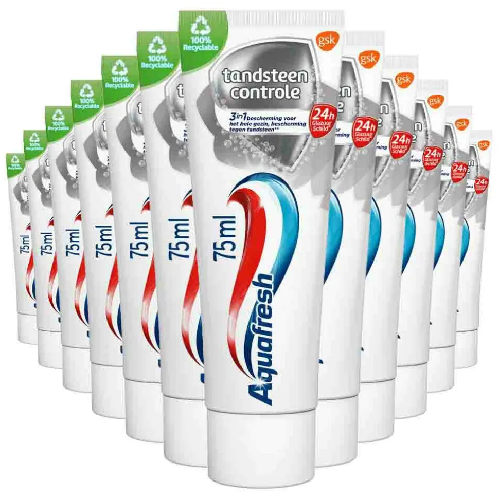 12x Aquafresh Tandpasta Tandsteen Controle Frisse Adem 75 ml