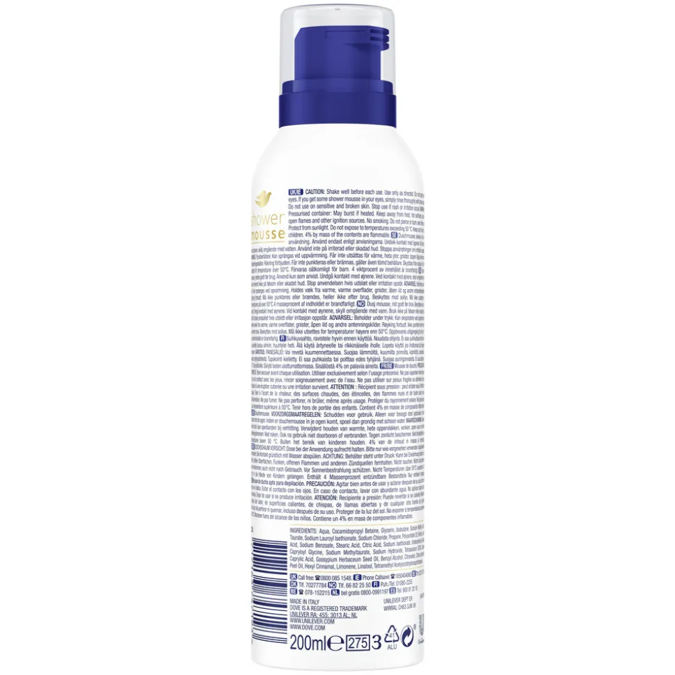 6x Dove Shower Foam Deeply Nourishing Cotton Oil 200 ml