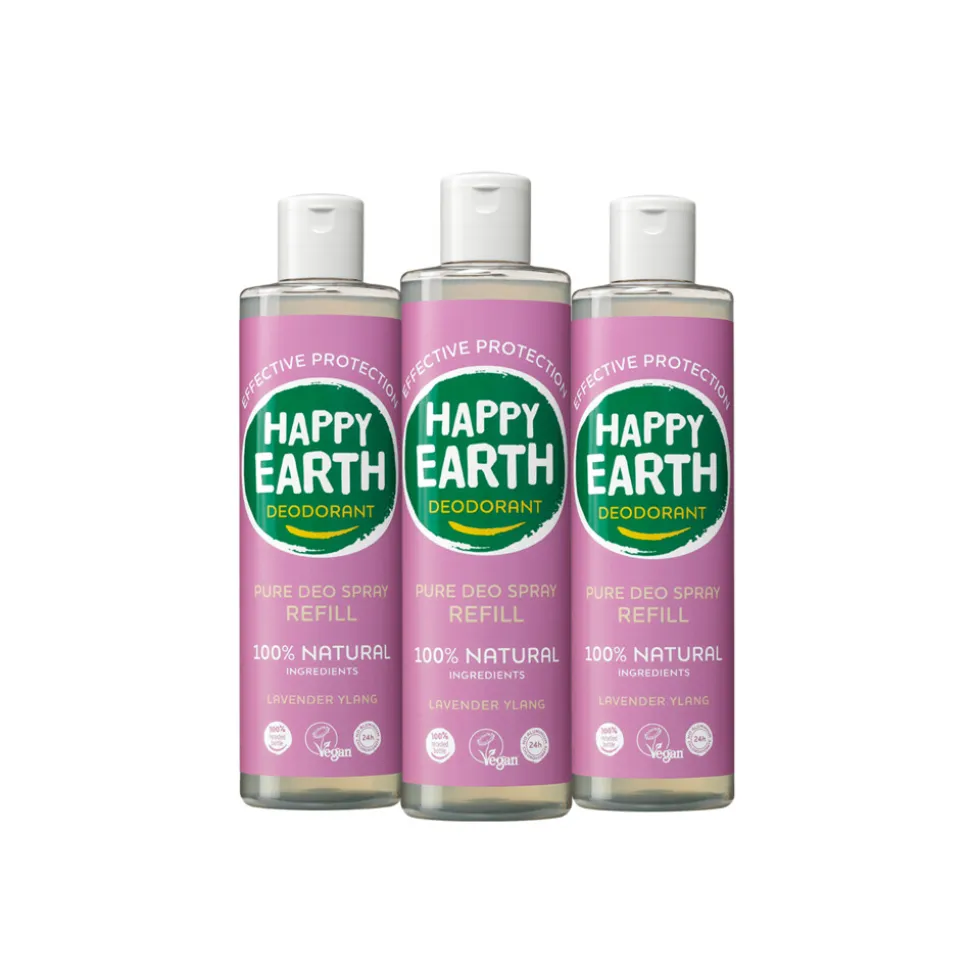 3x Happy Earth 100% Natuurlijke Deo Spray Navulling Lavender Ylang 300 ml
