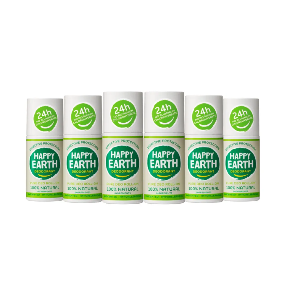 6x Happy Earth 100% Natuurlijke Deodorant Roller Unscented 75 ml