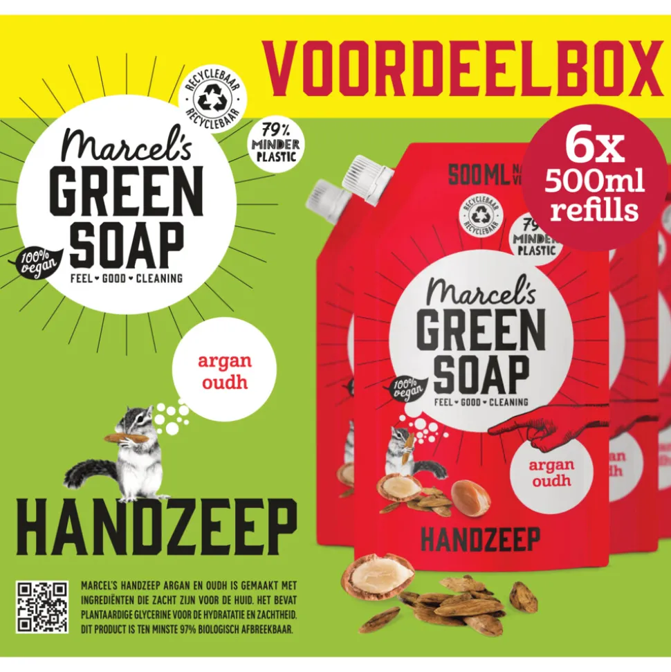 6x Marcel's Green Soap Handzeep Argan & Oudh Navul Stazak 500 ml